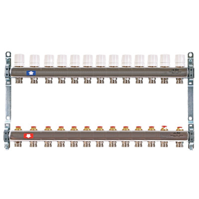 Коллекторная группа 1.0 х 3/4 на 13 выходов с расходомерами и термостатическими вентилями без концевика нержавеющая сталь