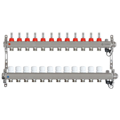 Коллекторная группа 1.0 х 3/4 на 12 выходов с расходомерами и термостатическими вентилями без концевика нержавеющая сталь