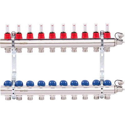 Коллекторная группа 1.0 х 3/4 на 10 выходов с расходомерами и термостатическими вентилями без концевика нержавеющая сталь