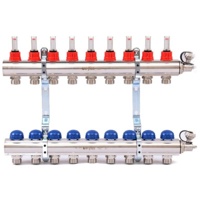 Коллекторная группа 1.0 х 3/4 на 9 выходов с расходомерами и термостатическими вентилями без концевика нержавеющая сталь