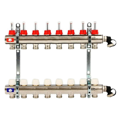 Коллекторная группа 1.0 х 3/4 на 8 выходов с расходомерами и термостатическими вентилями без концевика нержавеющая сталь