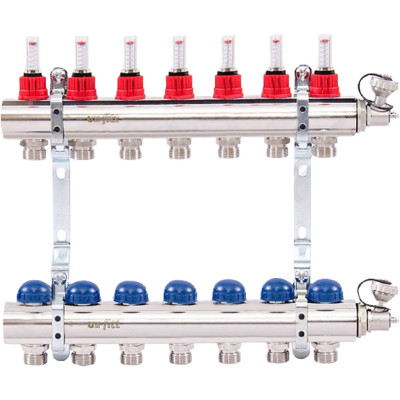 Коллекторная группа 1.0 х 3/4 на 7 выходов с расходомерами и термостатическими вентилями без концевика нержавеющая сталь