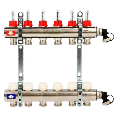 Коллекторная группа 1.0 х 3/4 на 6 выходов с расходомерами и термостатическими вентилями без концевика нержавеющая сталь