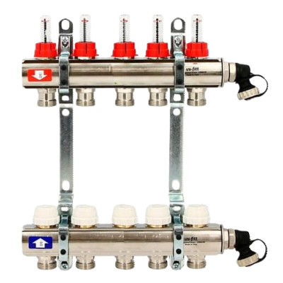 Коллекторная группа 1.0 х 3/4 на 5 выходов с расходомерами и термостатическими вентилями без концевика нержавеющая сталь