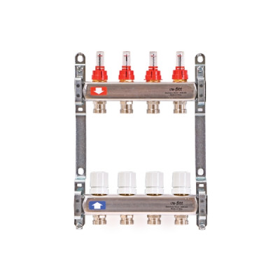 Коллекторная группа 1.0 х 3/4 на 4 выхода с расходомерами и термостатическими вентилями без концевика нержавеющая сталь