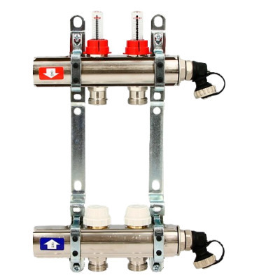 Коллекторная группа 1.0 х 3/4 на 2 выхода с расходомерами и термостатическими вентилями без концевика нержавеющая сталь