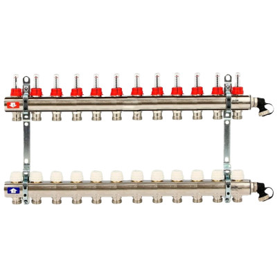 Коллекторная группа 1.0 х 3/4 на 13 выходов с балансировочными и термостатическими вентилями без концевика нержавеющая сталь