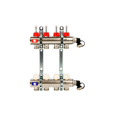 Коллекторная группа из нержавеющей стали 1.0 x 3/4 на 4 контура ТП с расходомерами и термостатическими вентилями без концевика
