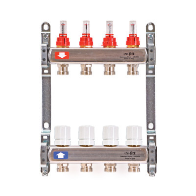 Коллекторная группа из нержавеющей стали 1.0 x 3/4 на 4 радиатора с балансировочными и термостатическими вентилями без концевика