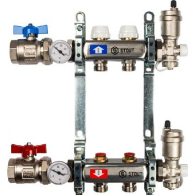 Коллекторная группа из нержавещей стали 1.0 x 3/4 на 2 радиатора с запорными клапанами воздухоотводчиком и сливным краном