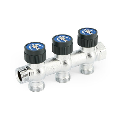 Коллектор из латуни НВ 3/4 х 2 выхода 3/4 Евроконус под 180° 50 мм с вентилями хромированный