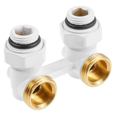 Узел радиаторный угловой Н 1/2 x Н 3/4 Евроконус белый со встроенными вентилями с ниппелями